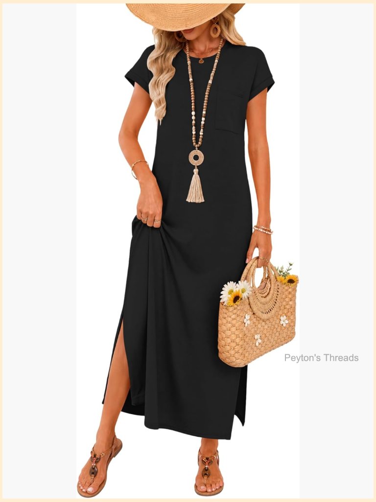 Women Maxi Dress Short Sleeve Loose Split Wrinkle-Free Beach Travel Sundress